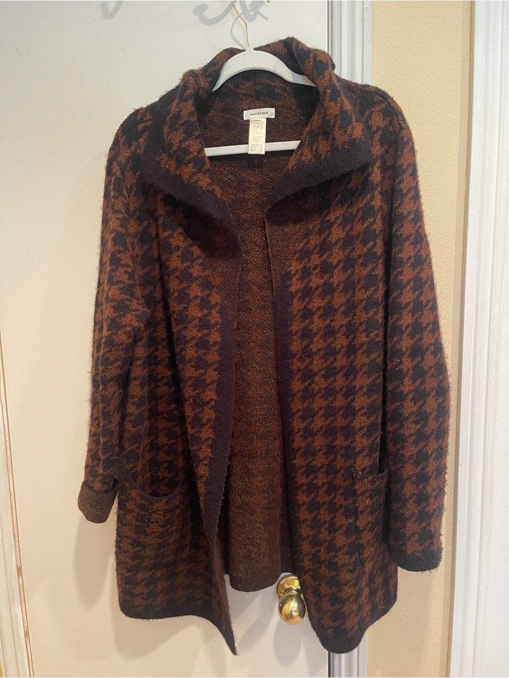 Max Studio Cozy Houndstooth Open Cardigan - Brown & Black